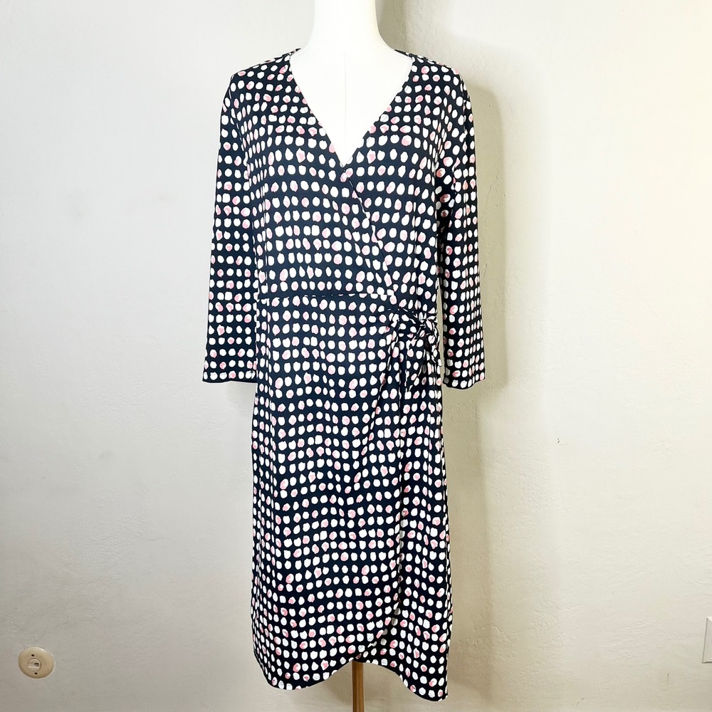 Talbots Wrap Dress Polka Dot Faux Wrap Size Large Black Pink White 3/4 Sleeve